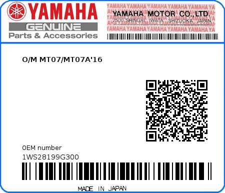 Product image: Yamaha - 1WS28199G300 - O/M MT07/MT07A'16  0