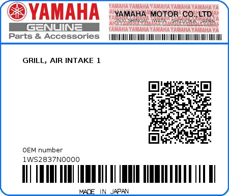 Product image: Yamaha - 1WS2837N0000 - GRILL, AIR INTAKE 1  0