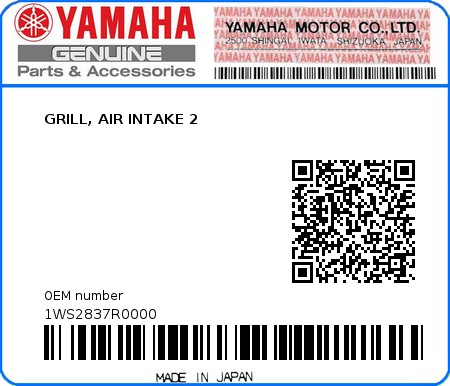 Product image: Yamaha - 1WS2837R0000 - GRILL, AIR INTAKE 2  0