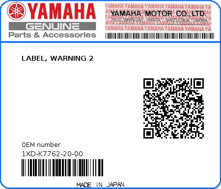 Product image: Yamaha - 1XD-K7762-20-00 - LABEL, WARNING 2  0