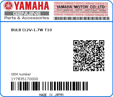 Product image: Yamaha - 1Y7835170000 - BULB (12V-1.7W T10  0