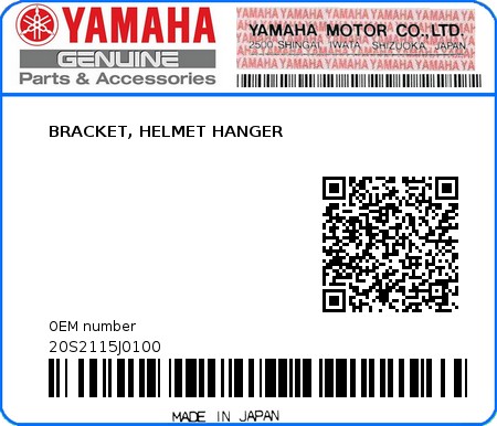 Product image: Yamaha - 20S2115J0100 - BRACKET, HELMET HANGER  0