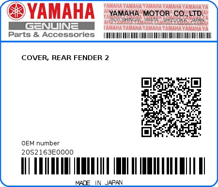 Product image: Yamaha - 20S2163E0000 - COVER, REAR FENDER 2  0