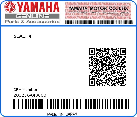 Product image: Yamaha - 20S216A40000 - SEAL, 4  0