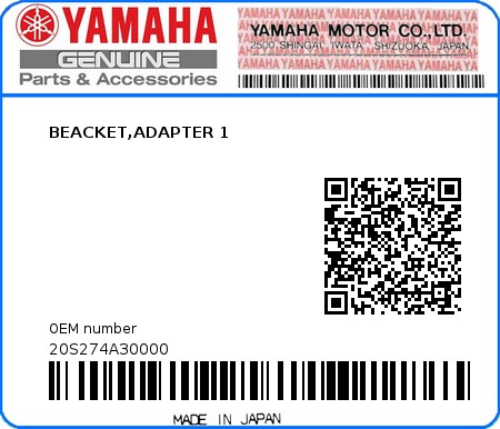 Product image: Yamaha - 20S274A30000 - BEACKET,ADAPTER 1  0