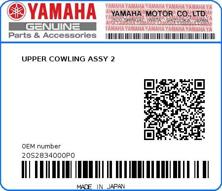 Product image: Yamaha - 20S2834000P0 - UPPER COWLING ASSY 2  0