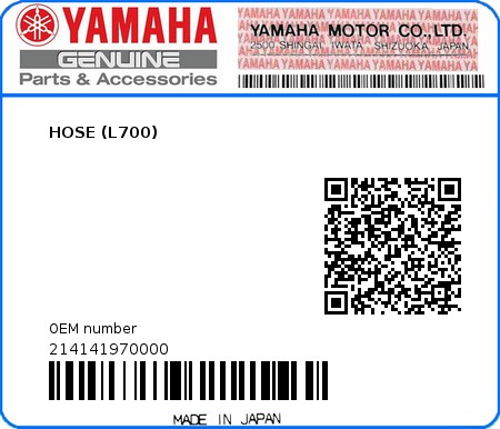 Product image: Yamaha - 214141970000 - HOSE (L700)  0