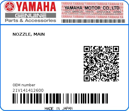 Product image: Yamaha - 21V141412600 - NOZZLE, MAIN  0