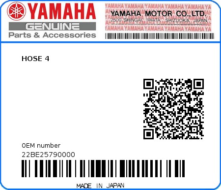 Product image: Yamaha - 22BE25790000 - HOSE 4  0