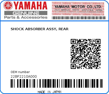 Product image: Yamaha - 22BF2210A000 - SHOCK ABSORBER ASSY, REAR  0