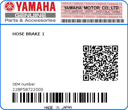 Product image: Yamaha - 22BF58722000 - HOSE BRAKE 1  0