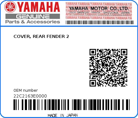 Product image: Yamaha - 22C2163E0000 - COVER, REAR FENDER 2  0