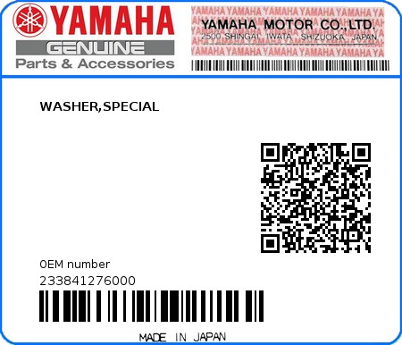 Product image: Yamaha - 233841276000 - WASHER,SPECIAL  0