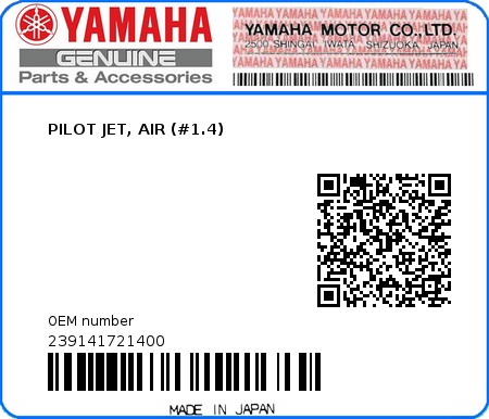 Product image: Yamaha - 239141721400 - PILOT JET, AIR (#1.4)  0