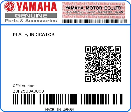 Product image: Yamaha - 23F2533A0000 - PLATE, INDICATOR  0