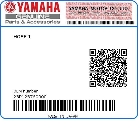 Product image: Yamaha - 23P125760000 - HOSE 1  0