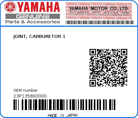 Product image: Yamaha - 23P135860000 - JOINT, CARBURETOR 1  0