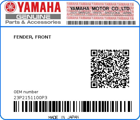Product image: Yamaha - 23P2151100P3 - FENDER, FRONT  0
