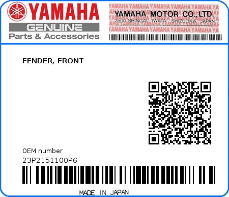 Product image: Yamaha - 23P2151100P6 - FENDER, FRONT  0