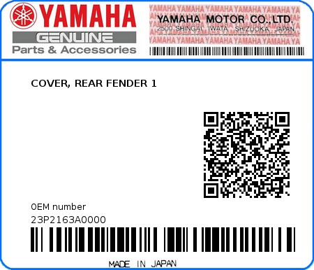 Product image: Yamaha - 23P2163A0000 - COVER, REAR FENDER 1  0