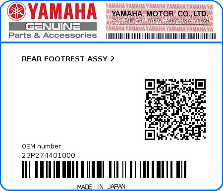 Product image: Yamaha - 23P274401000 - REAR FOOTREST ASSY 2  0