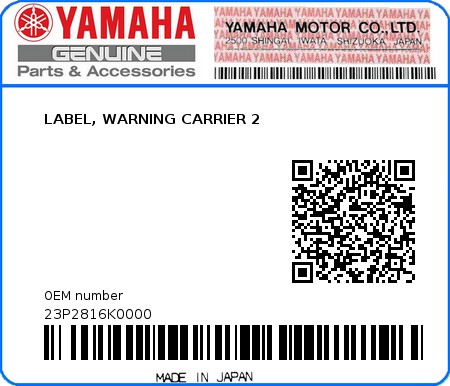 Product image: Yamaha - 23P2816K0000 - LABEL, WARNING CARRIER 2  0
