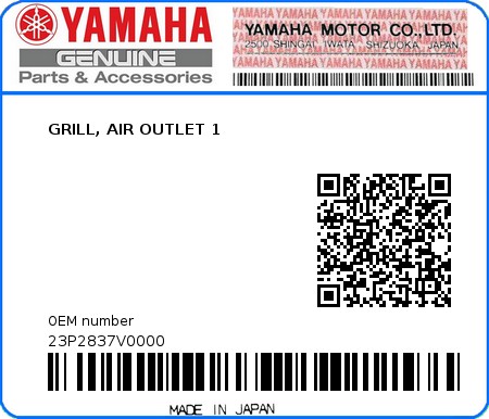 Product image: Yamaha - 23P2837V0000 - GRILL, AIR OUTLET 1  0