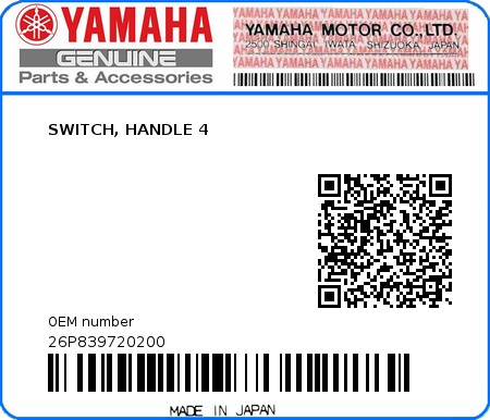 Product image: Yamaha - 26P839720200 - SWITCH, HANDLE 4  0