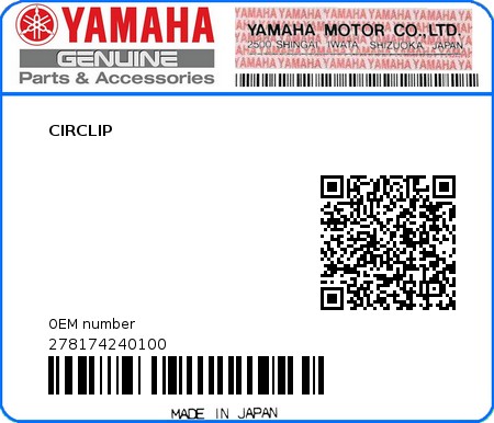 Product image: Yamaha - 278174240100 - CIRCLIP  0