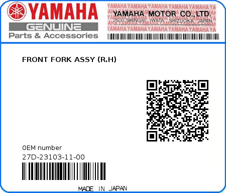 Product image: Yamaha - 27D-23103-11-00 - FRONT FORK ASSY (R.H)  0