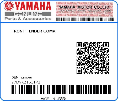 Product image: Yamaha - 27DYK21511P2 - FRONT FENDER COMP.  0