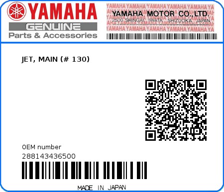 Product image: Yamaha - 288143436500 - JET, MAIN (# 130)  0
