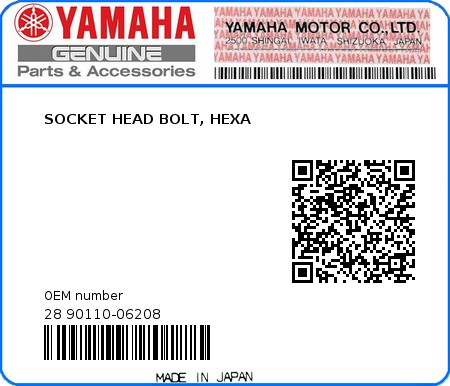 Product image: Yamaha - 28 90110-06208 - SOCKET HEAD BOLT, HEXA  0