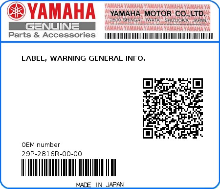 Product image: Yamaha - 29P-2816R-00-00 - LABEL, WARNING GENERAL INFO.  0