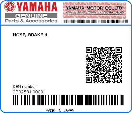 Product image: Yamaha - 2B02581J0000 - HOSE, BRAKE 4  0