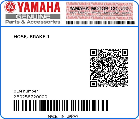 Product image: Yamaha - 2B0258720000 - HOSE, BRAKE 1  0