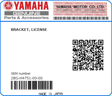 Product image: Yamaha - 2BG-H4751-00-00 - BRACKET, LICENSE  0
