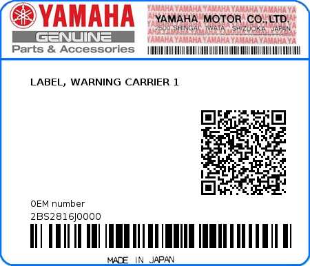 Product image: Yamaha - 2BS2816J0000 - LABEL, WARNING CARRIER 1  0