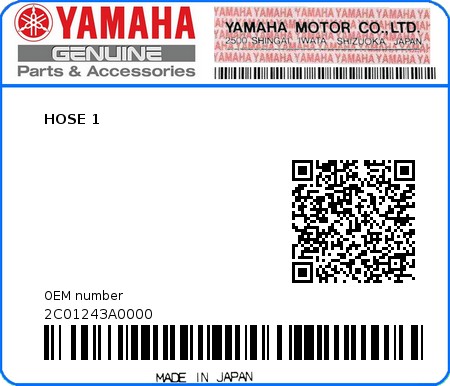 Product image: Yamaha - 2C01243A0000 - HOSE 1  0