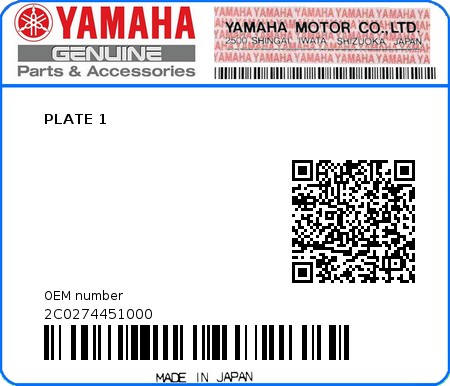 Product image: Yamaha - 2C0274451000 - PLATE 1  0