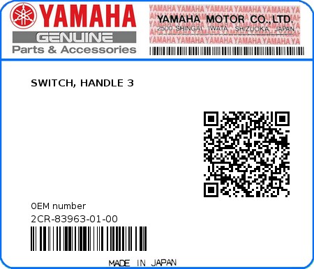 Product image: Yamaha - 2CR-83963-01-00 - SWITCH, HANDLE 3  0