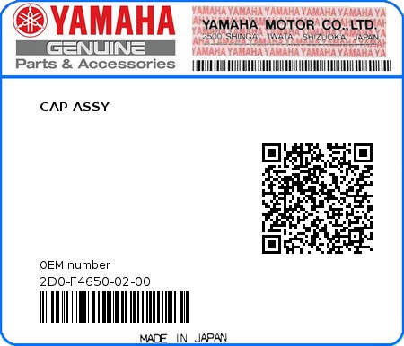 Product image: Yamaha - 2D0-F4650-02-00 - CAP ASSY  0