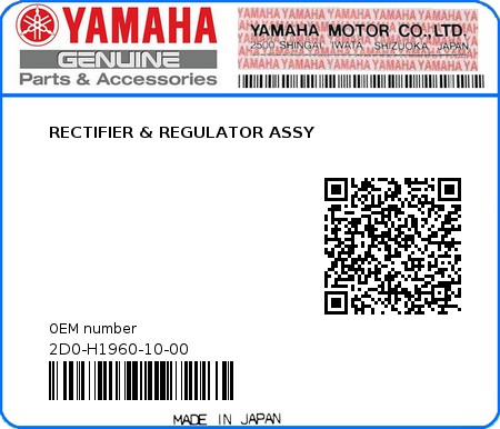 Product image: Yamaha - 2D0-H1960-10-00 - RECTIFIER & REGULATOR ASSY  0