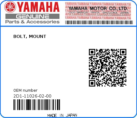 Product image: Yamaha - 2D1-11026-02-00 - BOLT, MOUNT  0