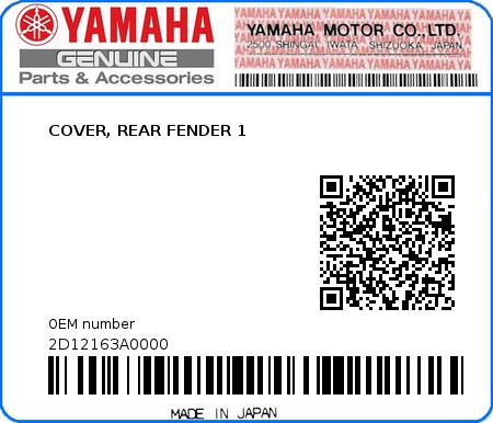 Product image: Yamaha - 2D12163A0000 - COVER, REAR FENDER 1  0