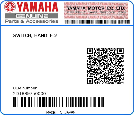 Product image: Yamaha - 2D1839750000 - SWITCH, HANDLE 2  0