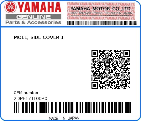 Product image: Yamaha - 2DPF171L00P0 - MOLE, SIDE COVER 1  0