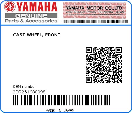 Product image: Yamaha - 2DR251680098 - CAST WHEEL, FRONT  0