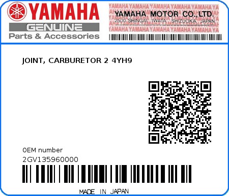Product image: Yamaha - 2GV135960000 - JOINT, CARBURETOR 2 4YH9  0