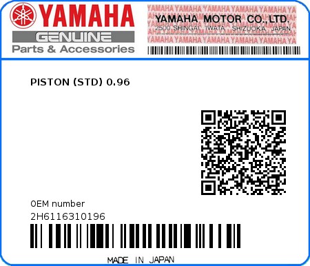 Product image: Yamaha - 2H6116310196 - PISTON (STD) 0.96  0
